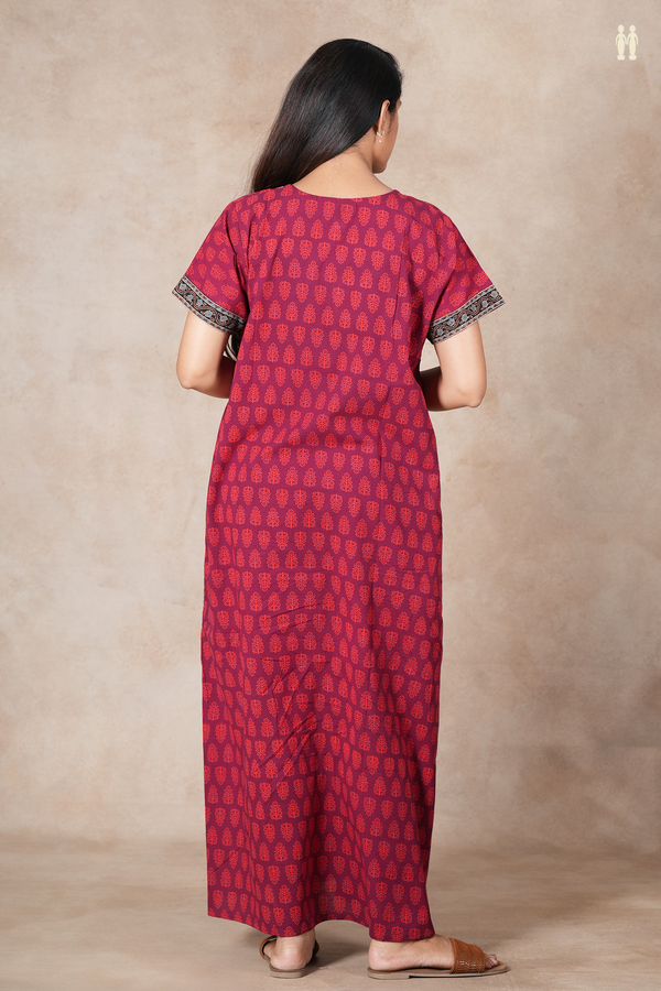 Split Neck Floral Design Ruby Red Cotton Nightie