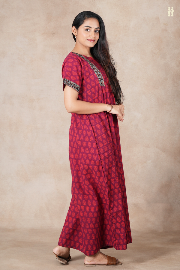Split Neck Floral Design Ruby Red Cotton Nightie