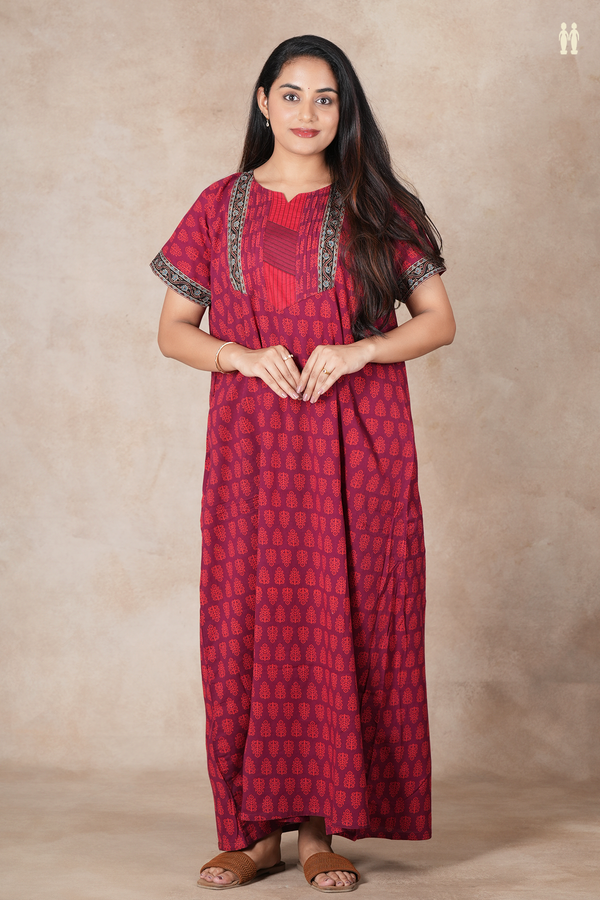 Split Neck Floral Design Ruby Red Cotton Nightie