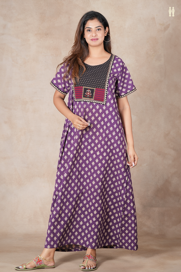 Round Neck Printed Buttas Purple Cotton Nightie