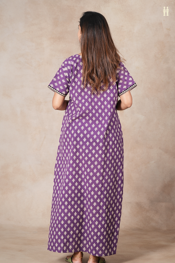 Round Neck Printed Buttas Purple Cotton Nightie