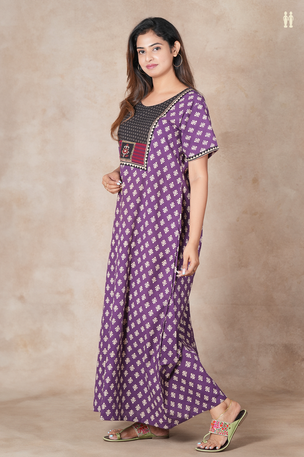 Round Neck Printed Buttas Purple Cotton Nightie