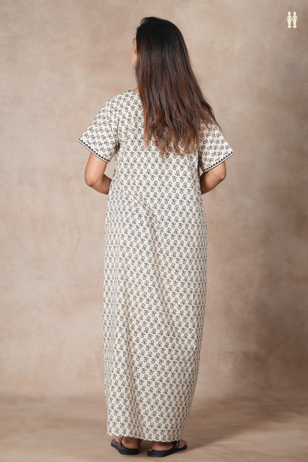 Round Neck Floral Design Off White Cotton Nightie