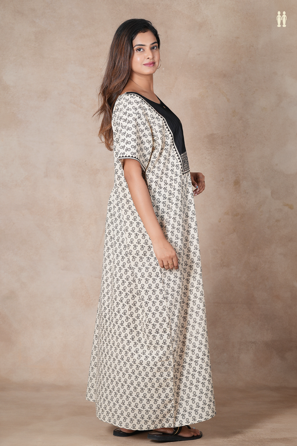 Round Neck Floral Design Off White Cotton Nightie