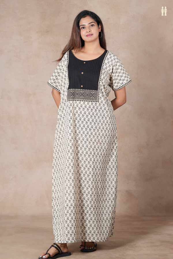 Round Neck Floral Design Off White Cotton Nightie