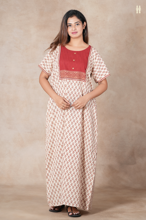 Round Neck Floral Buttas Cream Color Cotton Nightie