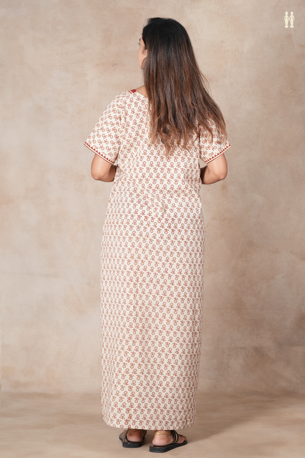 Round Neck Floral Buttas Cream Color Cotton Nightie