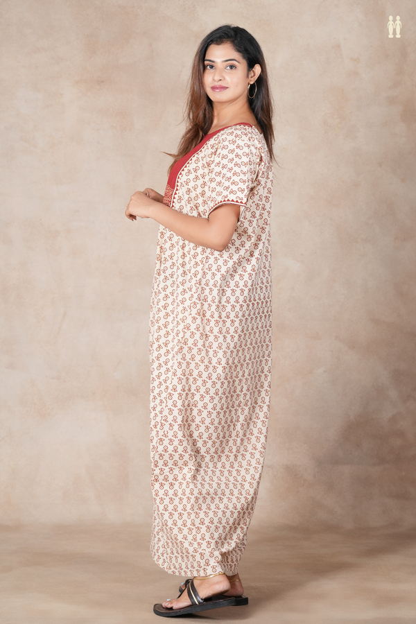 Round Neck Floral Buttas Cream Color Cotton Nightie