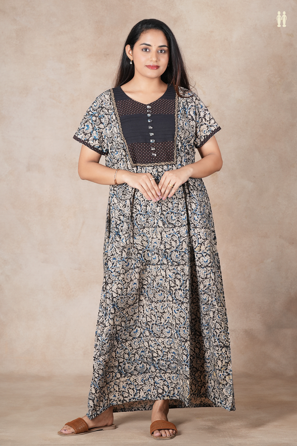 Round Neck Printed Design Black Cotton Kalamkari Nightie