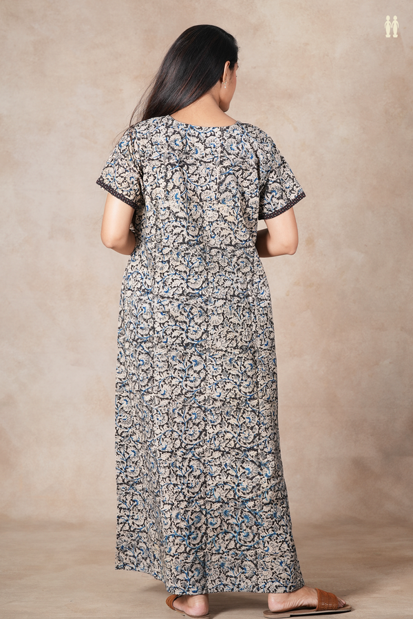 Round Neck Printed Design Black Cotton Kalamkari Nightie