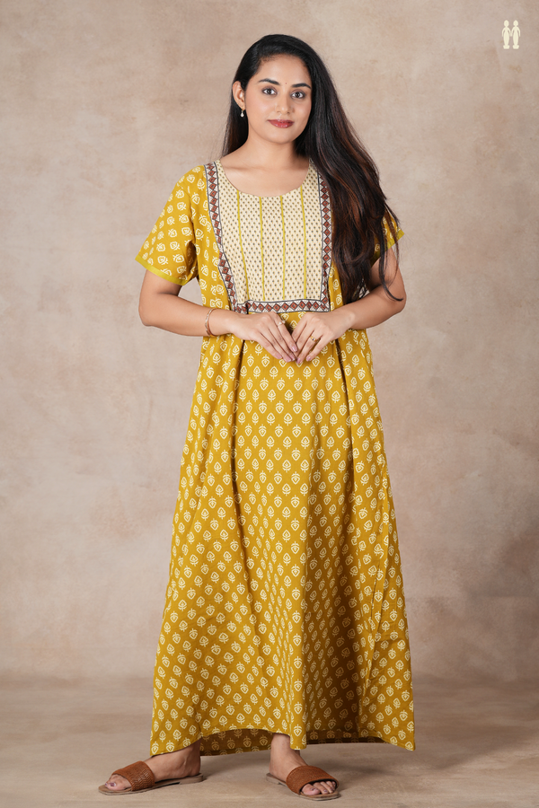 Round Neck Printed Buttas Olive Yellow Cotton Nighties