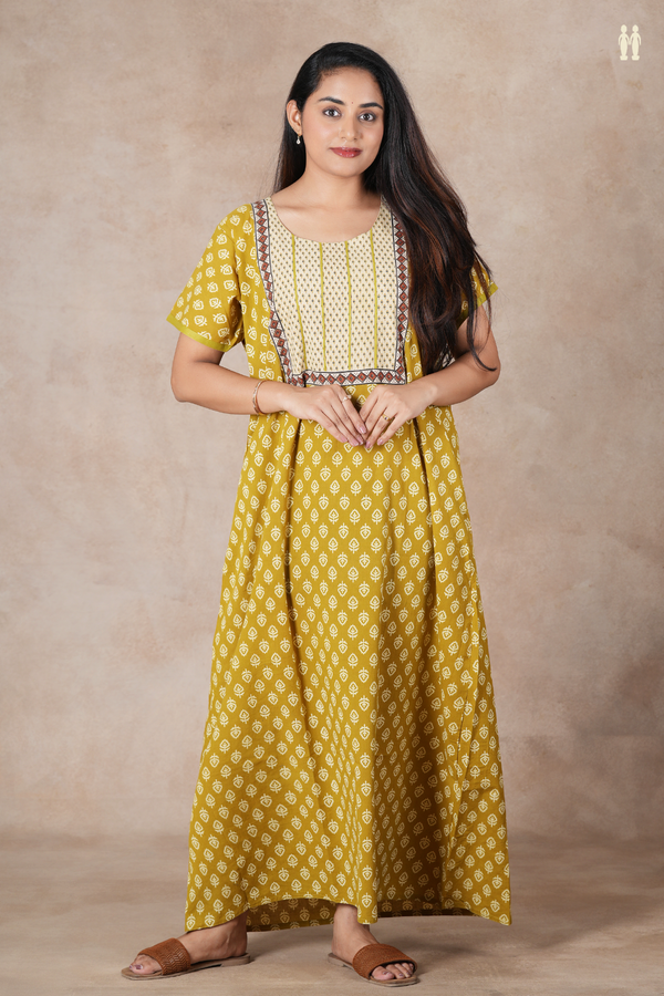 Round Neck Printed Buttas Olive Yellow Cotton Nighties