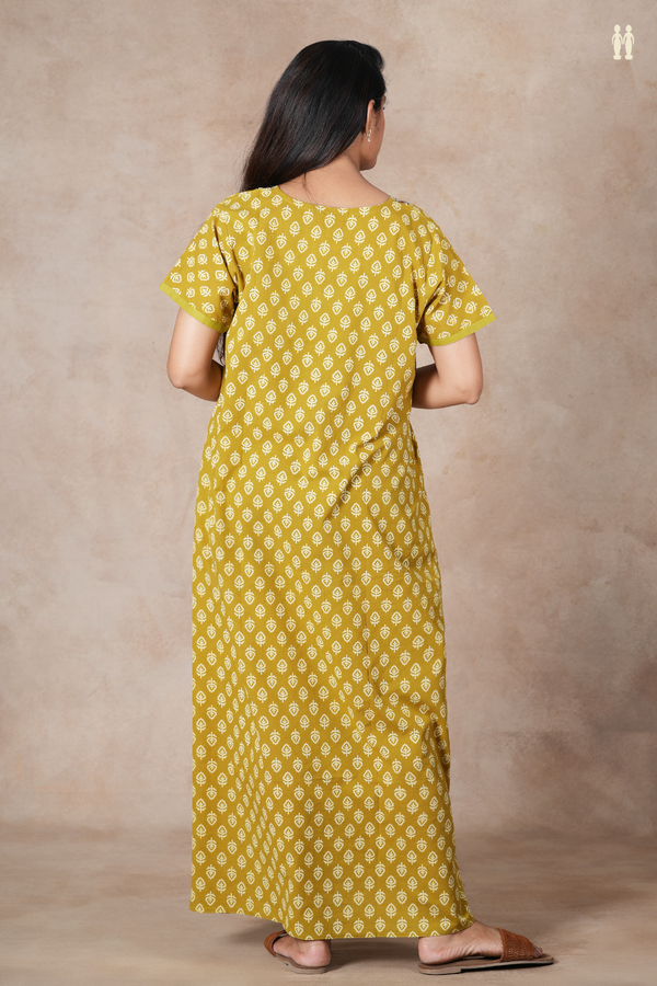 Round Neck Printed Buttas Olive Yellow Cotton Nighties