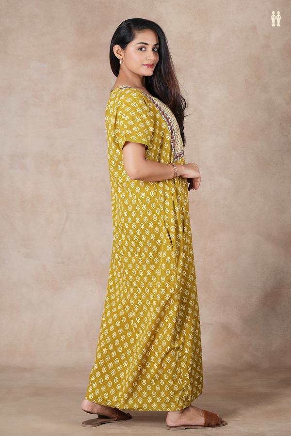 Round Neck Printed Buttas Olive Yellow Cotton Nighties