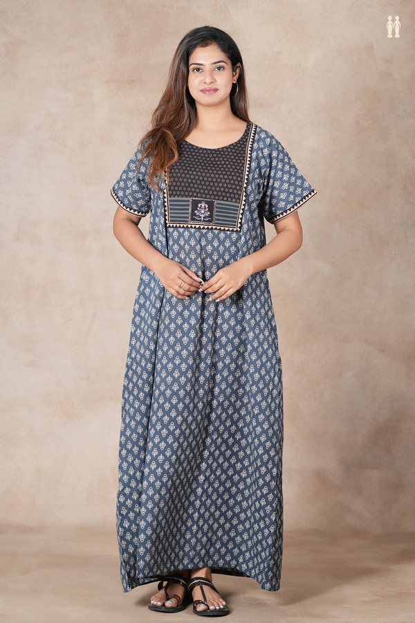 Round Neck Printed Design Pigeon Blue Cotton Nightie