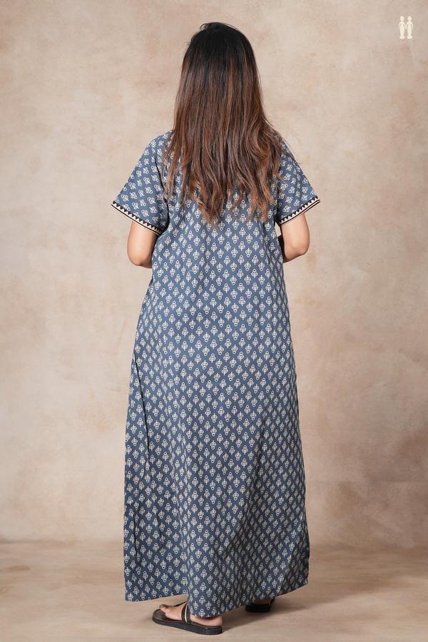 Round Neck Printed Design Pigeon Blue Cotton Nightie