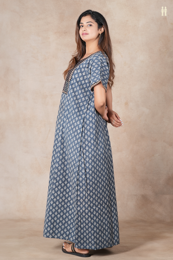 Round Neck Printed Design Pigeon Blue Cotton Nightie