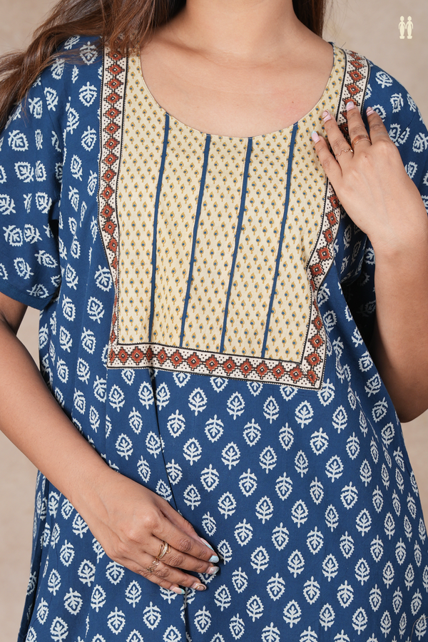 Round Neck Floral Design Blue Cotton Nightie
