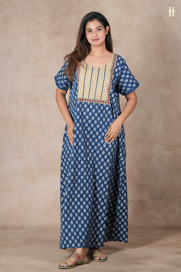 Round Neck Floral Design Blue Cotton Nightie