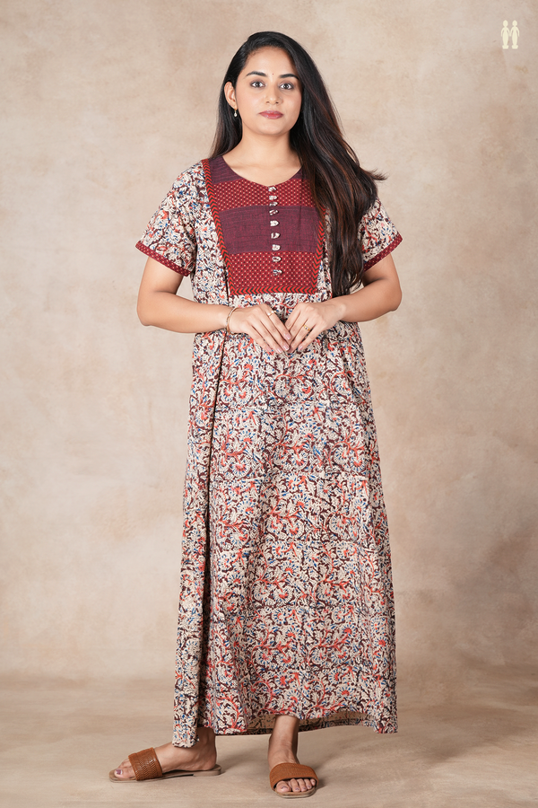 Round Neck Floral Design Coffee Brown Kalamkari Cotton Nightie