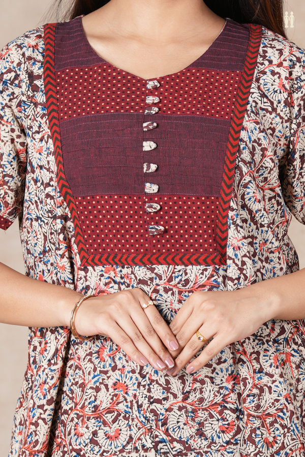 Round Neck Floral Design Coffee Brown Kalamkari Cotton Nightie