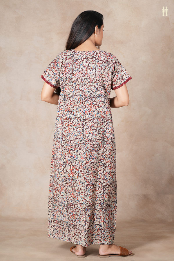 Round Neck Floral Design Coffee Brown Kalamkari Cotton Nightie