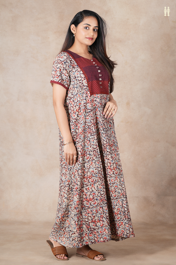 Round Neck Floral Design Coffee Brown Kalamkari Cotton Nightie