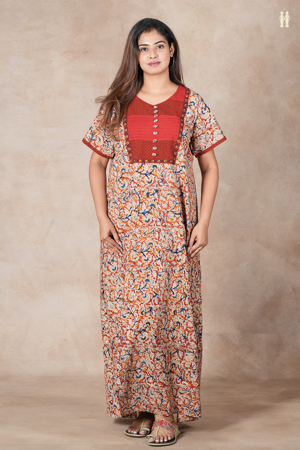 Round Neck Printed Design Red Cotton Kalamkari Nightie