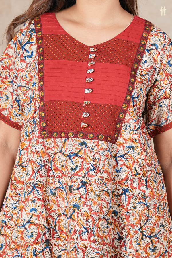 Round Neck Printed Design Red Cotton Kalamkari Nightie