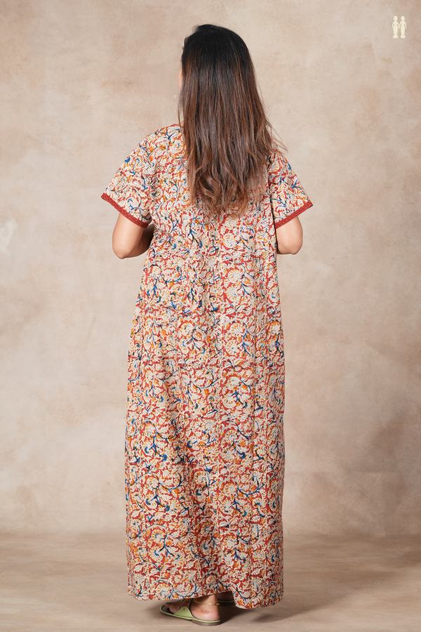 Round Neck Printed Design Red Cotton Kalamkari Nightie