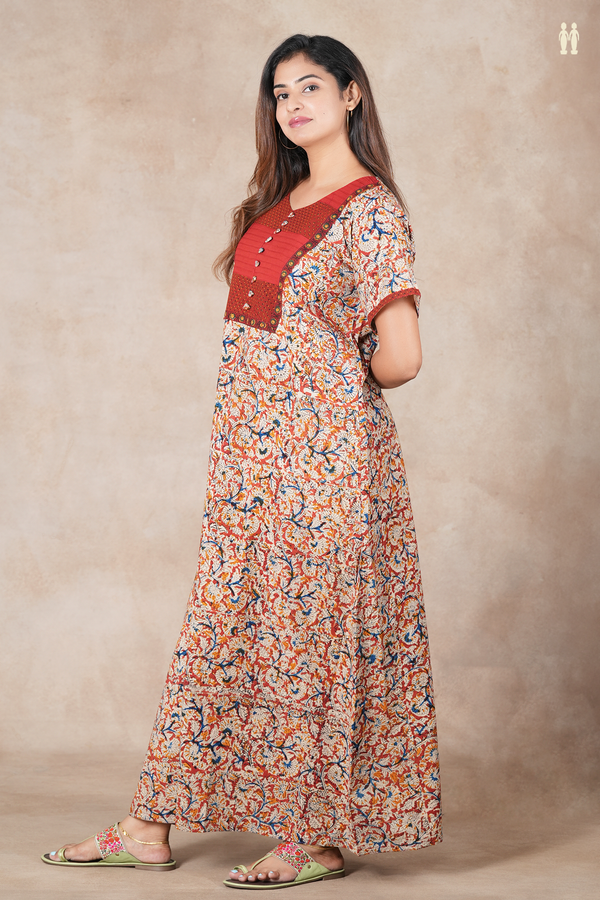 Round Neck Printed Design Red Cotton Kalamkari Nightie