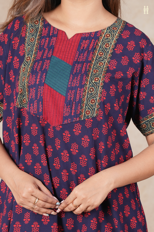 Split Neck Floral Design Navy Blue Cotton Nightie