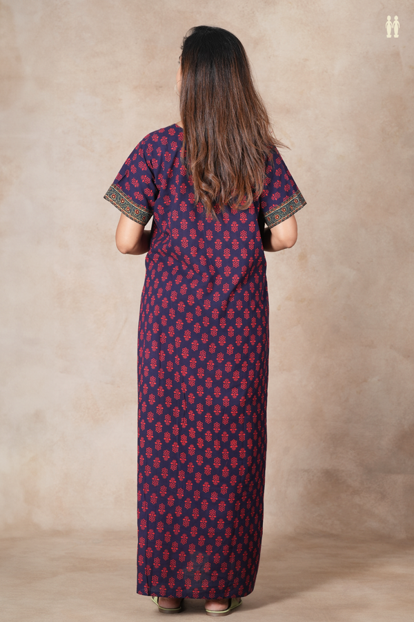 Split Neck Floral Design Navy Blue Cotton Nightie