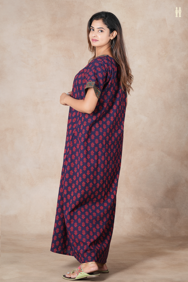 Split Neck Floral Design Navy Blue Cotton Nightie