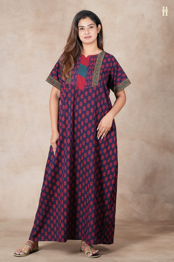 Split Neck Floral Design Navy Blue Cotton Nightie