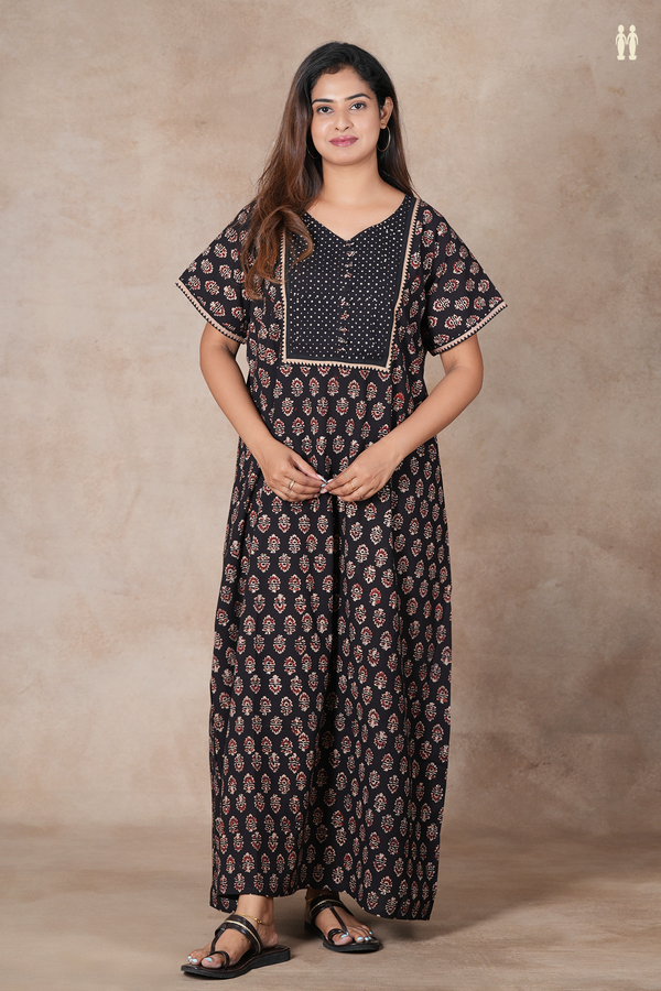 V-Neck Printed Design Black Cotton Nightie