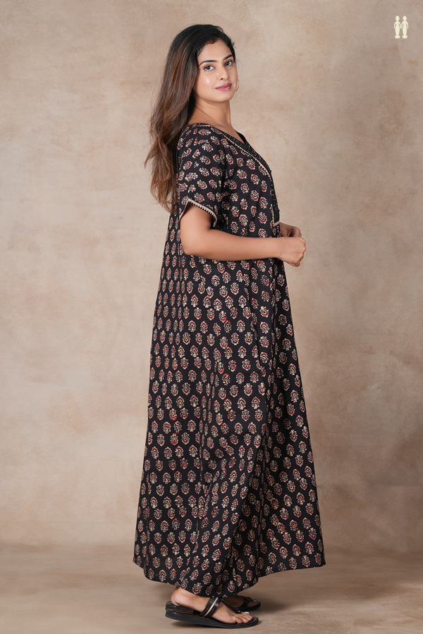 V-Neck Printed Design Black Cotton Nightie