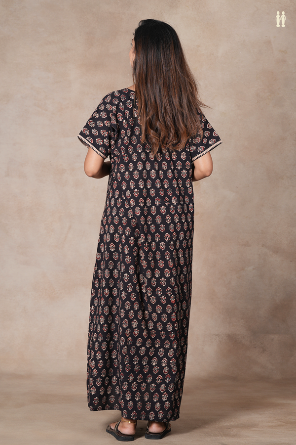 V-Neck Printed Design Black Cotton Nightie