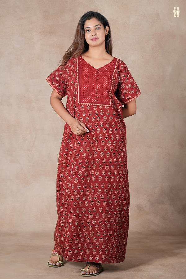 V-Neck Floral Buttas Rust Red Cotton Nightie