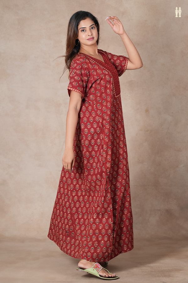 V-Neck Floral Buttas Rust Red Cotton Nightie
