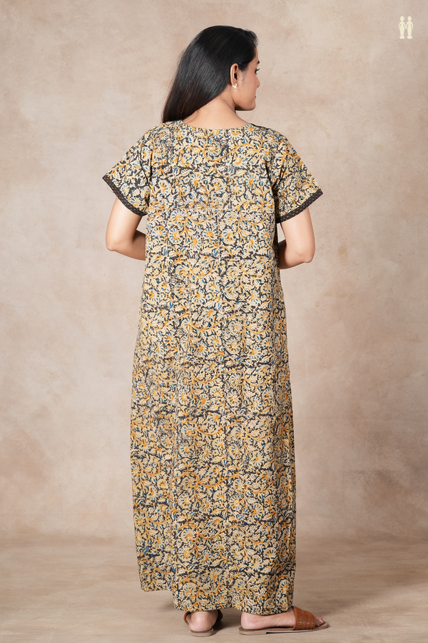Round Neck Floral Design Black And Beige Kalamkari Cotton Nightie