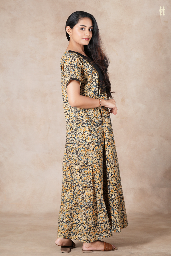 Round Neck Floral Design Black And Beige Kalamkari Cotton Nightie