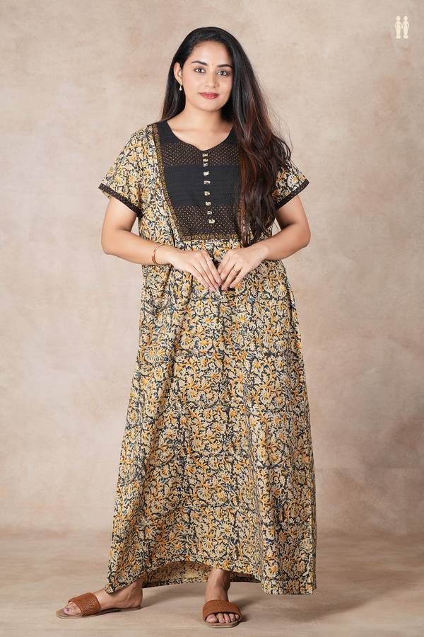 Round Neck Floral Design Black And Beige Kalamkari Cotton Nightie
