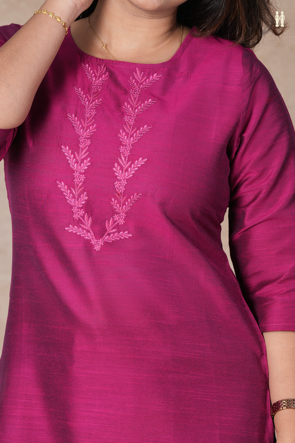 Round Neck Plain Berry Purple Semi Raw Silk Salwar Set