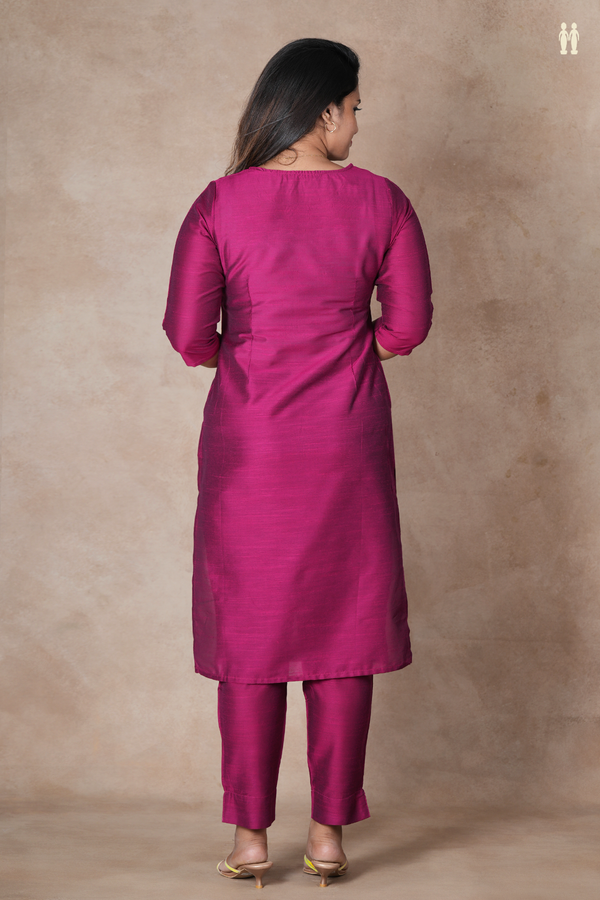 Round Neck Plain Berry Purple Semi Raw Silk Salwar Set