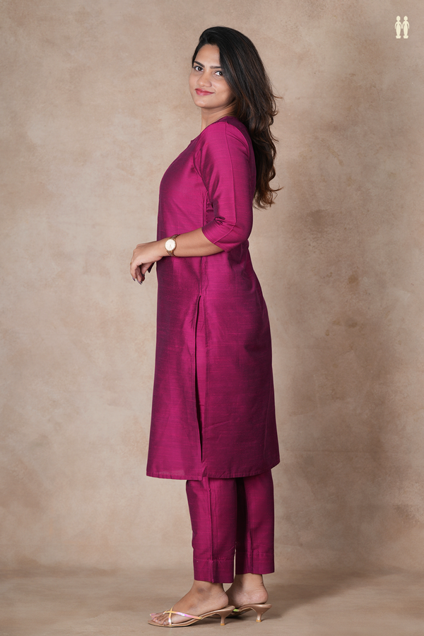 Round Neck Plain Berry Purple Semi Raw Silk Salwar Set