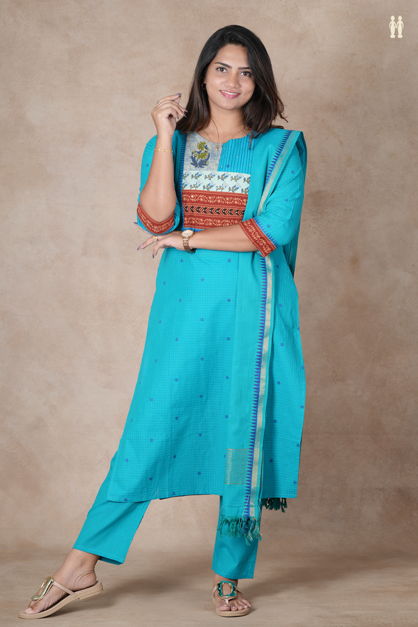 Round Neck Threadwork Buttas Cerulean Blue Cotton Salwar Set