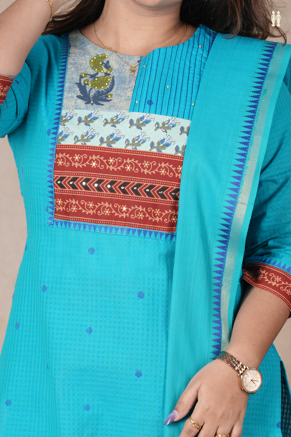 Round Neck Threadwork Buttas Cerulean Blue Cotton Salwar Set