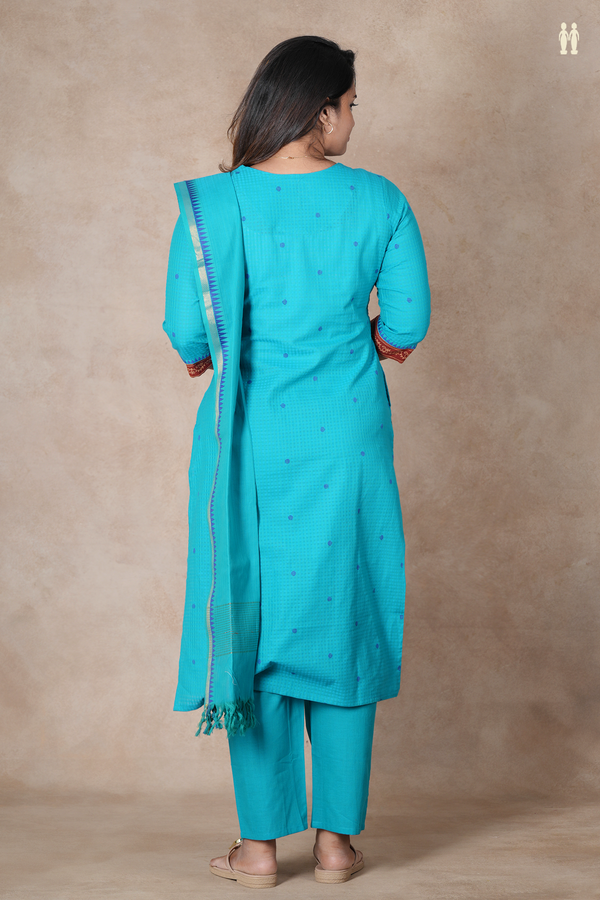 Round Neck Threadwork Buttas Cerulean Blue Cotton Salwar Set