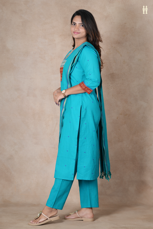 Round Neck Threadwork Buttas Cerulean Blue Cotton Salwar Set